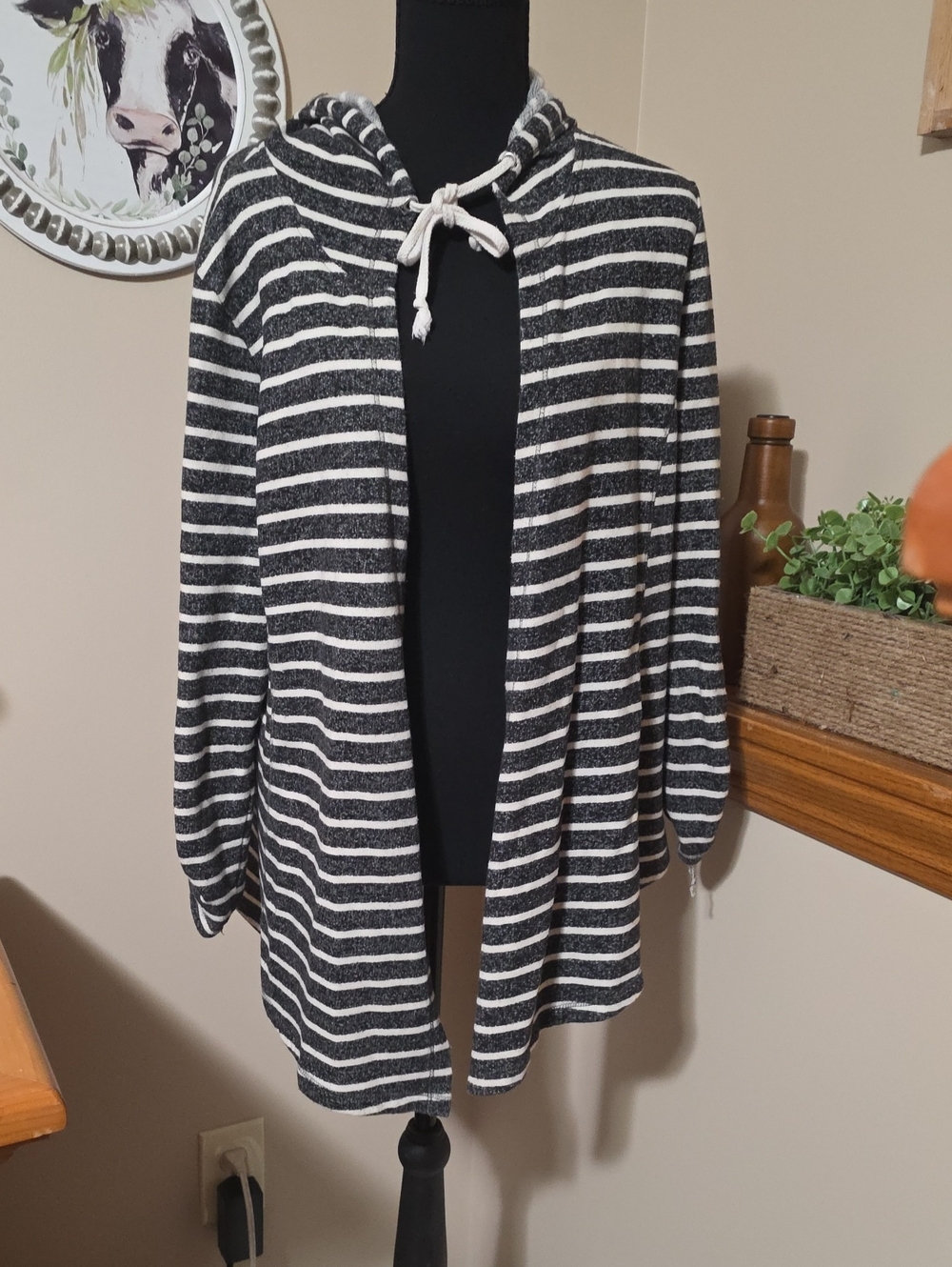 Cato Black and White Striped Hooded Open-Front Cardigan
